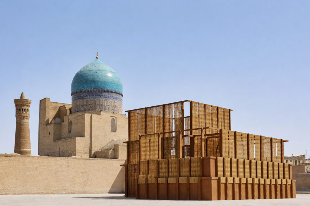 AlMusalla Prize winning installation near the western gate of the Kalyan Mosque, Bukhara Biennale